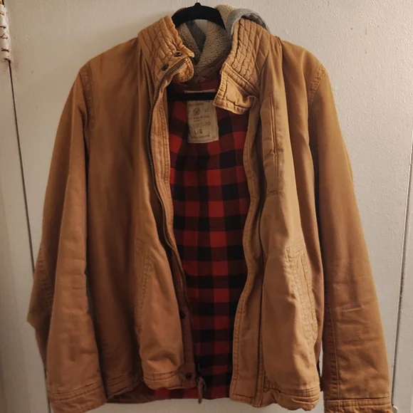 American Eagle Outfitters Tan Jacket with Red Buffalo Plaid Lining - Picture 1 of 5